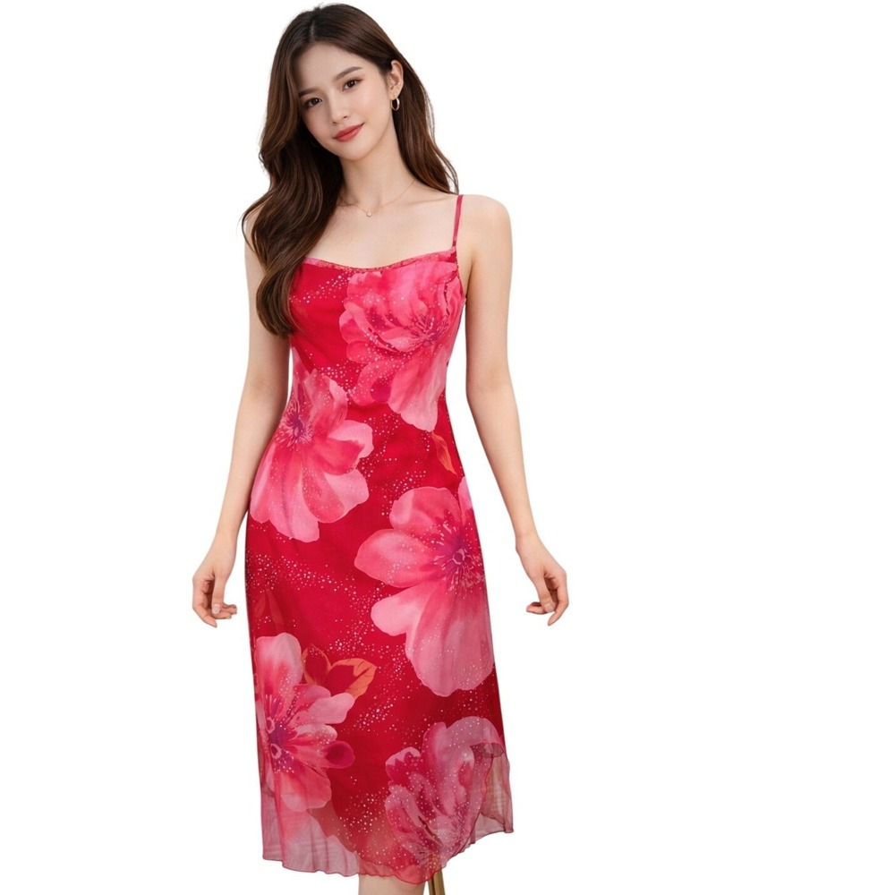 My Michelle Dress Floral Mesh Overlay Women Fushia sparkle whimsygoth Island Lg.